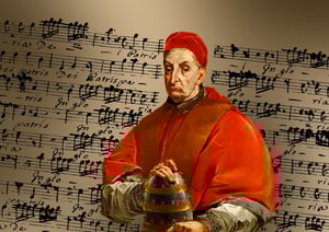 Ritratto di un Papa Benederro in abito rosso con mozzetta e berretto, raffigurato frontalmente con espressione severa, le mani poggiate su un oggetto dorato e blu; sullo sfondo uno spartito musicale manoscritto in notazione antica